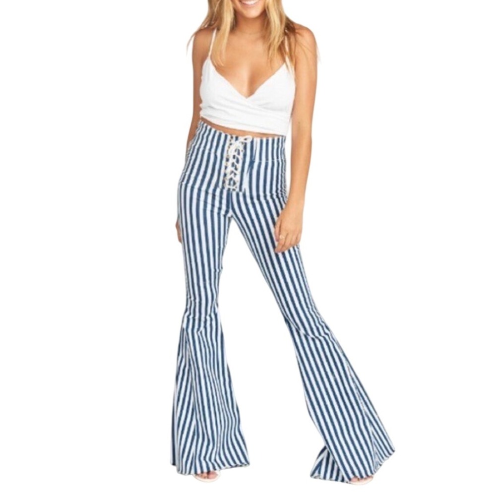 Show Me Your Mumu‎ sz S Mumu BLUE Striped Lace Up Berkley Flares High Rise